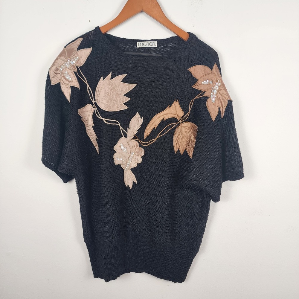 Monari Vintage‎ Knit Floral Sequin Short Sleeve Black Sweater Women's Size 38